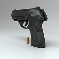 Realistic Black Tactical Handgun Weapon With Detailed Grip And Brass Bullet