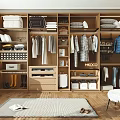 Modern Wooden Wardrobe Interior Design With Hanging Clothes Folded Items And Storage Drawers