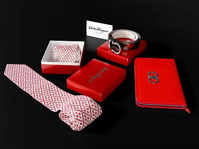 Salvatore Ferragamo Luxury Accessories with Patterned Tie Belt and Red Boxed Wallet 3d model