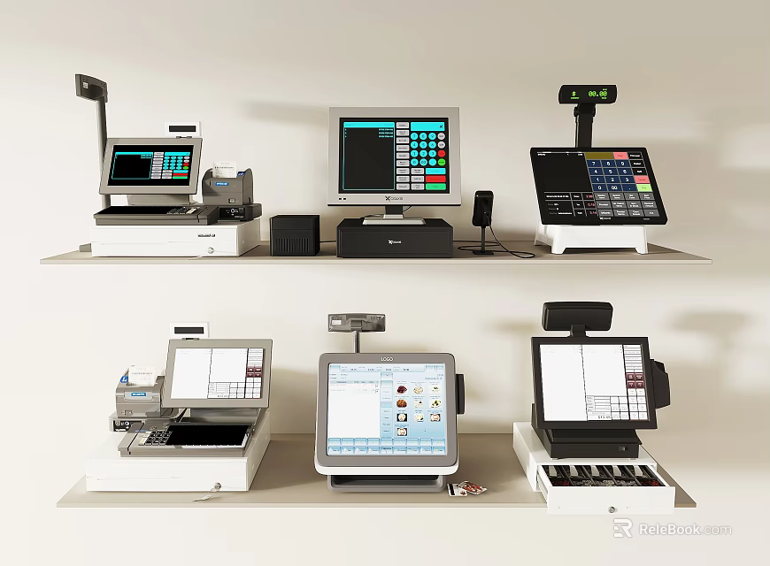 Various Cash Registers Displayed On Two Layer Shelves With Different Screens And Devices 3d model 