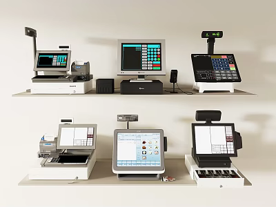 Various Cash Registers Displayed On Two Layer Shelves With Different Screens And Devices 3d model