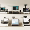 Various Cash Registers Displayed On Two Layer Shelves With Different Screens And Devices