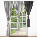 Black And Beige Tied Curtains On Window With Natural Green View