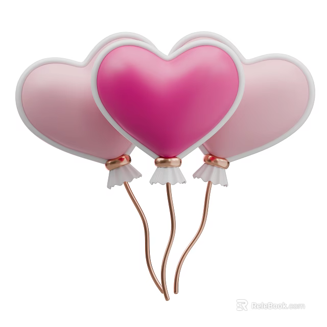 Heart Shaped Pink Balloon Decorative Ornament Set With Copper Stems And White Trims 3d model 