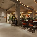 Cozy Restaurant Interior With Tents String Lights Round Tables Red Chairs And Straw Umbrellas