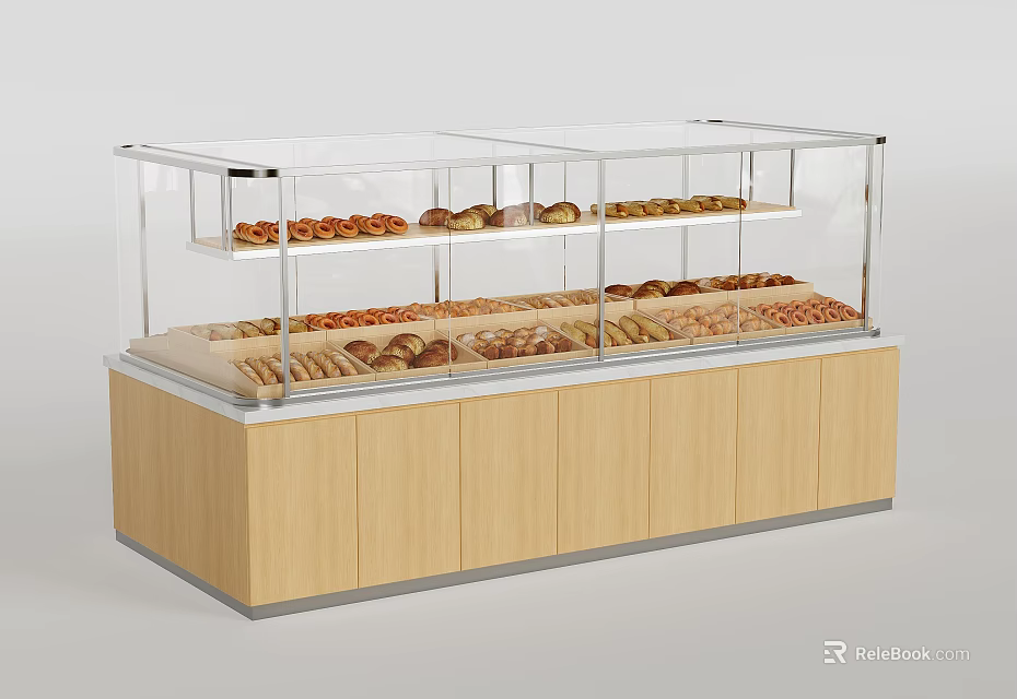 Retail Bakery Display Shelves Featuring Transparent Glass And Wooden Cabinet For Fresh Bread 3d model 