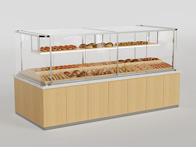 Retail Bakery Display Shelves Featuring Transparent Glass And Wooden Cabinet For Fresh Bread 3d model