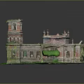 Ancient Ruined Red Brick Building Model Featuring Tower Arch Windows and Green Moss