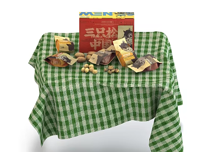 Three Squirrels Nuts Display On Green Checkered Tablecloth With Packaging Boxes 3d model