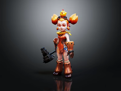 Vibrant Cartoon Female Character With Chick Creature On Head Orange Hair And Hammer 3d model