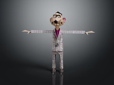 Stylized Animated Character With Exaggerated Facial Features Wearing Gray Suit And Purple Shirt Arms Outstretched 3d model