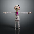 Stylized Animated Character With Exaggerated Facial Features Wearing Gray Suit And Purple Shirt Arms Outstretched