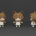 Cartoon Girl Character With Cat Ears White Dress Brown Hair Yellow Eyes And Multiple Angles