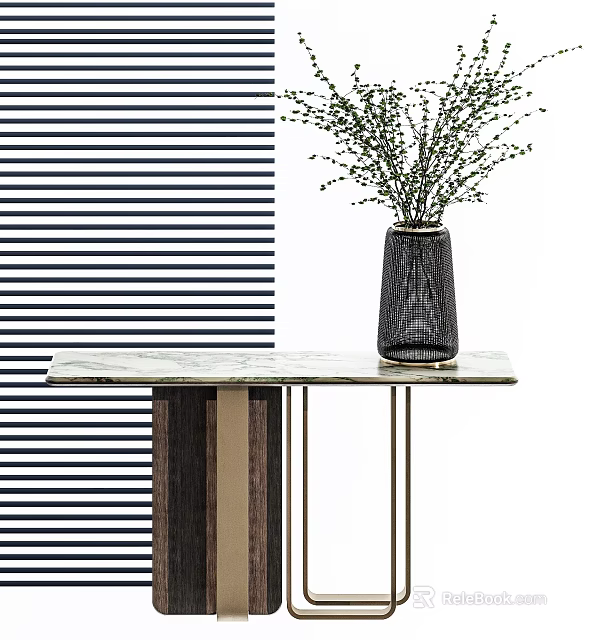 Elegant Console Table With Marble Top And Vase On Striped Backdrop 3d model