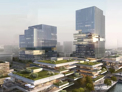 Modern Industrial Factory Building With Glass Curtain Walls High Rise Structure And Green Roofs 3d model