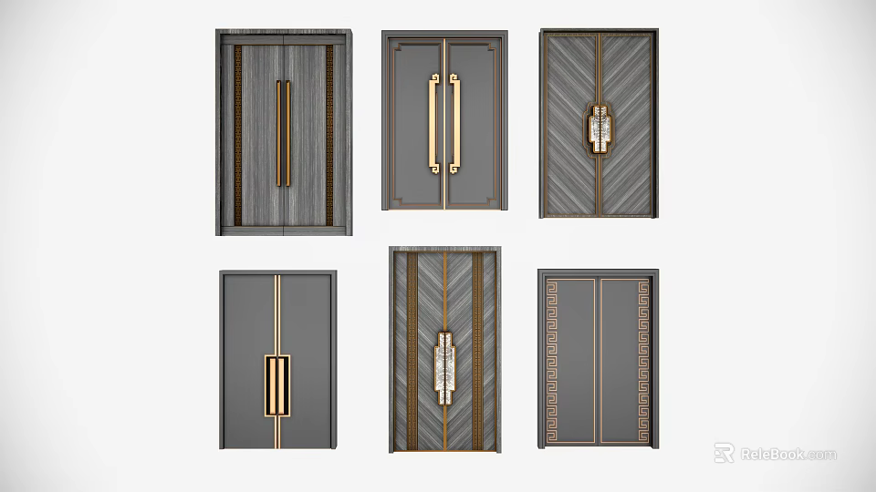 Modern Double Doors Design Collection With Metal Handles And Wood Patterns 3d model 