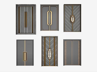 Modern Double Doors Design Collection With Metal Handles And Wood Patterns 3d model