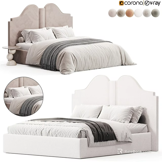 Modern White Kids Bed with Stylish Headboard and Soft Bedding Including Striped Blanket 3d model 