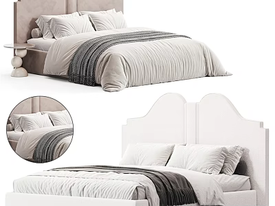Modern White Kids Bed with Stylish Headboard and Soft Bedding Including Striped Blanket 3d model