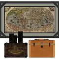 Vintage Suitcases Styled with Antique World Map and Brass Decorative Cylinders