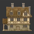 Traditional Wooden Cottage With Stone Base Multiple Windows And Two Chimneys