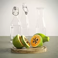 Fresh Ripe Whole and Sliced Papaya on Wooden Tray with Glass Water Bottles