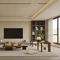 Modern Living Room With Leather Sofa TV Wooden Coffee Table And Bookshelves