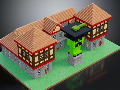 Pixel Art Architecture With Multiple Buildings Brown Roofs Brown White Walls And Green Statue 3d model