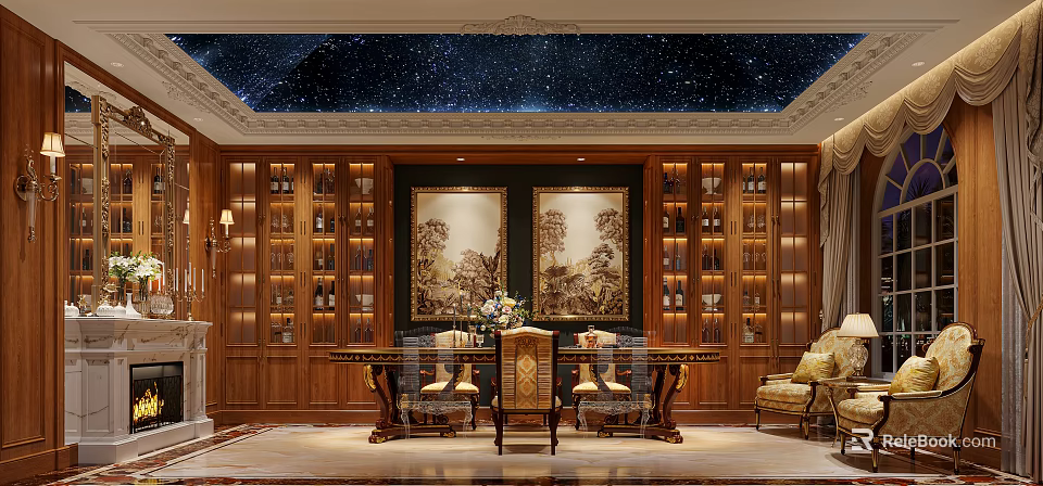 Luxury Classic Wine Cellar With Wooden Racks And Starry Ceiling 3d model 