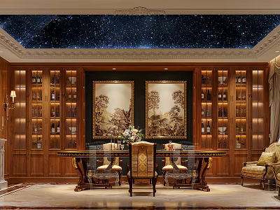 Luxury Classic Wine Cellar With Wooden Racks And Starry Ceiling 3d model