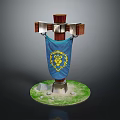 Medieval Cross Structure With Blue Banner Yellow Lion Emblem And Stone Details On Green Grass