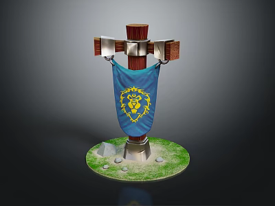 Medieval Cross Structure With Blue Banner Yellow Lion Emblem And Stone Details On Green Grass 3d model