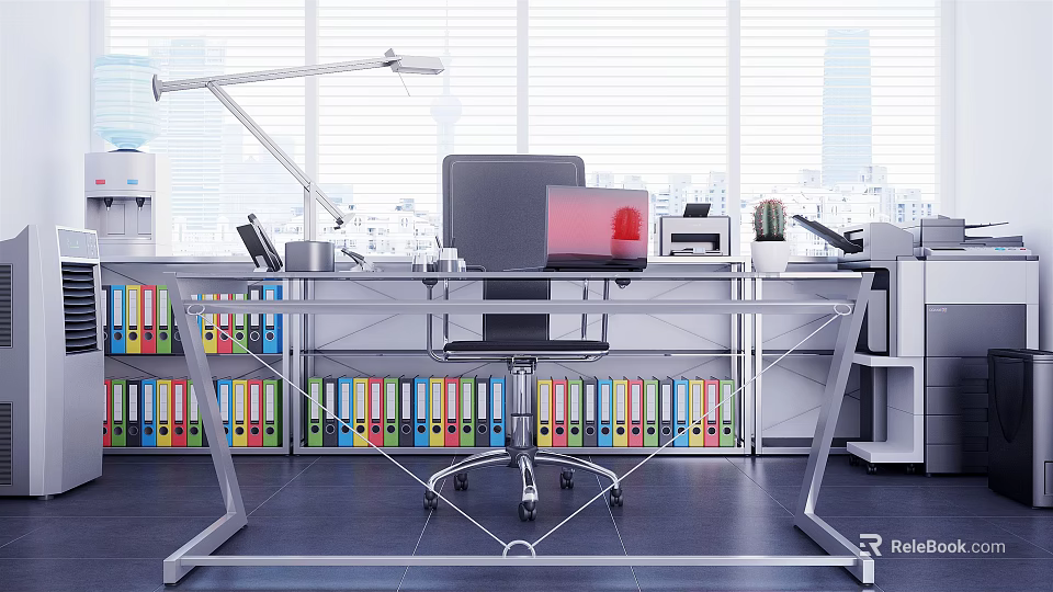 Modern Office Desk With Lamp Monitor Telephone Colorful Folders And City View 3d model 