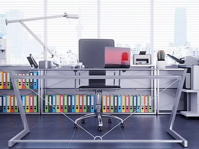 Modern Office Desk With Lamp Monitor Telephone Colorful Folders And City View 3d model