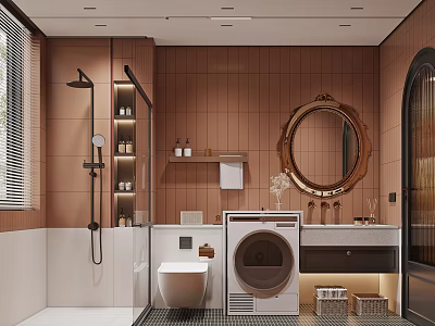 Bathroom Interior with Brown Tiles Round Mirror Washing Machine Shower Area White Vanity and Toilet 3d model