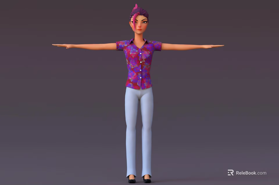 Woman With Pink Hair Wearing Purple Pink Patterned Shirt White Pants Black Shoes Arms Outstretched 3d model 