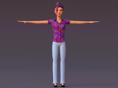 Woman With Pink Hair Wearing Purple Pink Patterned Shirt White Pants Black Shoes Arms Outstretched 3d model