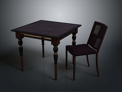 Dark Square Dining Table With Decorative Legs And Perforated Back Chair 3d model