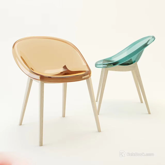 Modern Leisure Chairs Transparent Amber and Teal Acrylic with Wooden Legs 3d model 