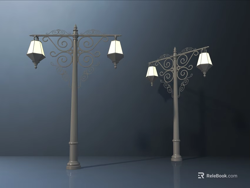 Classic Wrought Iron Outdoor Lights With Scroll Designs And Double Lantern Shades For Garden 3d model 