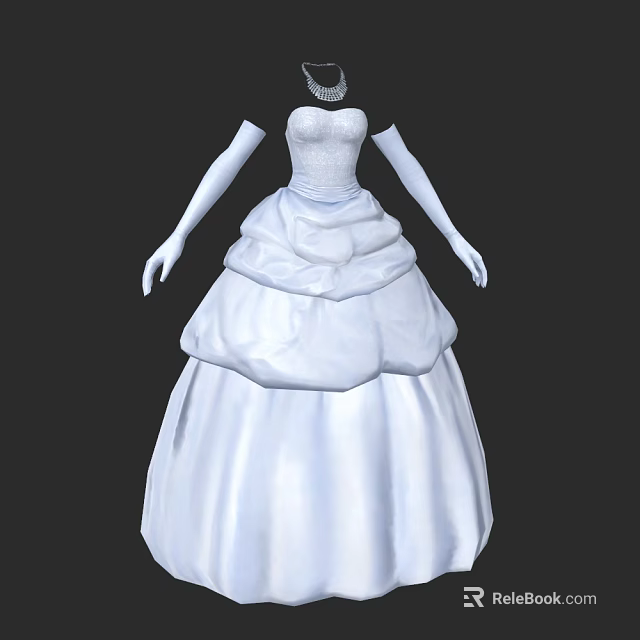 White Wedding Dress With Ruffled Skirt Long Gloves And Embellished Bodice 3d model 