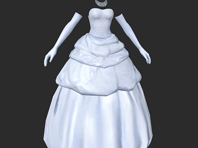 White Wedding Dress With Ruffled Skirt Long Gloves And Embellished Bodice 3d model
