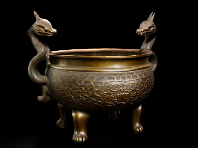 Antique Bronze Decorative Ornament Set with Dragon Shaped Handles Intricate Patterns And Claw Feet 3d model