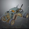 Unique Light Blue Vintage Car With Exposed Mechanical Parts And Large Wheels