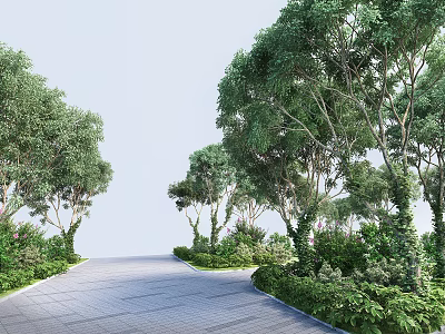 Tall Trees Lining Winding Path With Lush Greenery In Natural Setting 3d model