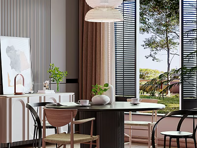 Elegant Restaurant Interior with Round Table Chairs White Cabinet Greenery Blinds and Trees Outside Window 3d model