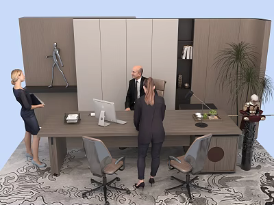 Modern Office Desk With Computer Documents Chairs And Potted Plant In Business Environment 3d model