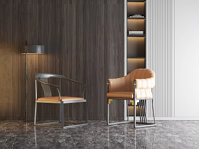 Two Modern Armchairs in Interior with Wooden Wall Marble Floor Floor Lamp and Shelf 3d model