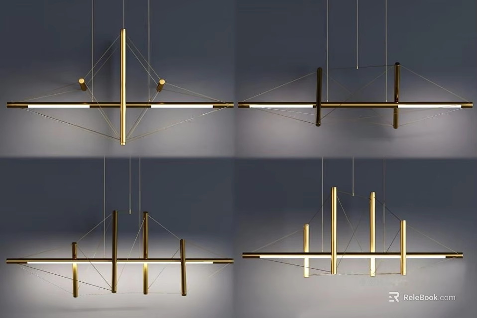 Modern Gold Geometric Linear Pendant Light With Sleek Metal Bars For Interiors 3d model 