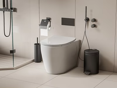 Modern White Toilet In Bathroom Interior With Black Trash Bin And Toilet Brush Holder 3d model